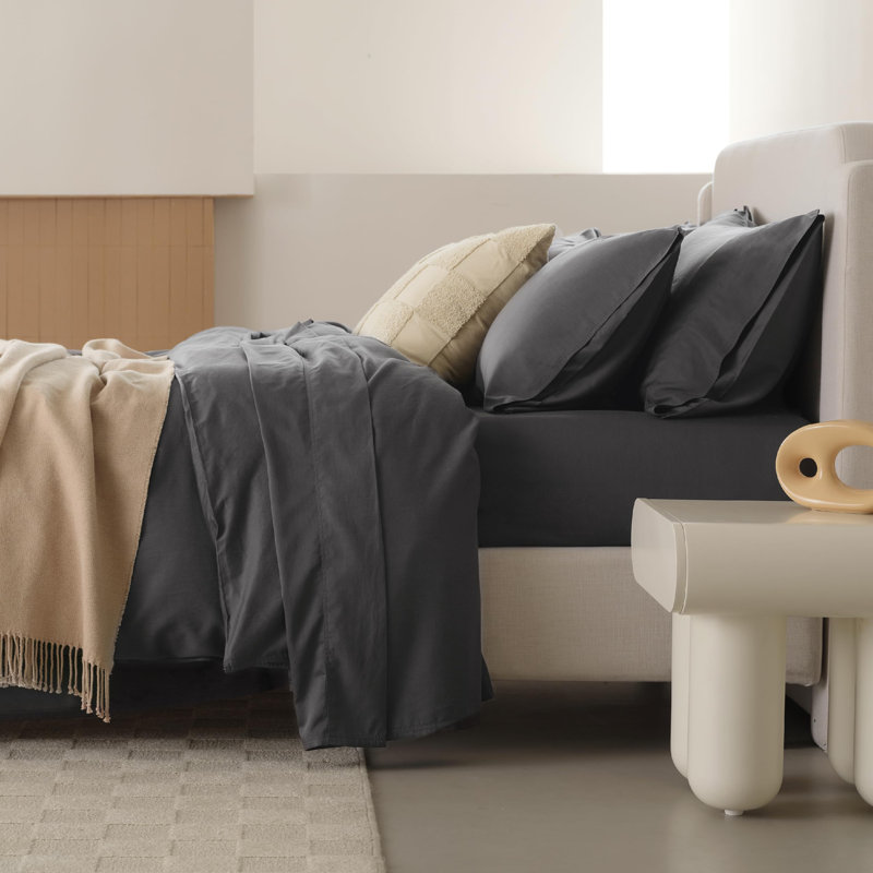 Double Stitch Sheet - Luxury Cotton Tencel Eucalyptus Bed Sheets Deep Pocket, 4 Pc Soft Hotel Bedding Set Cooling Breathable, 1 Fitted Sheet & 1 Flat Sheet & Pillowcases