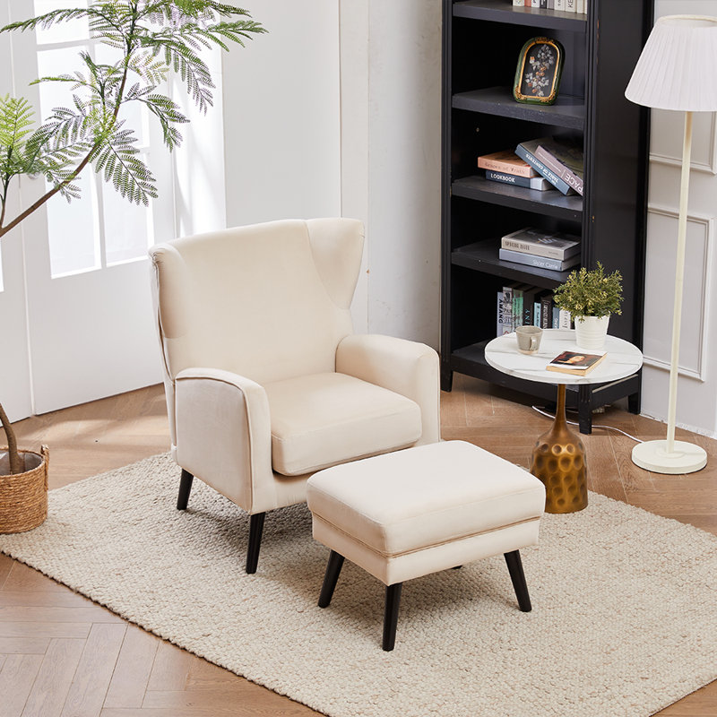 Upholstered Wingback Chair With Footstool, Beige Velvet