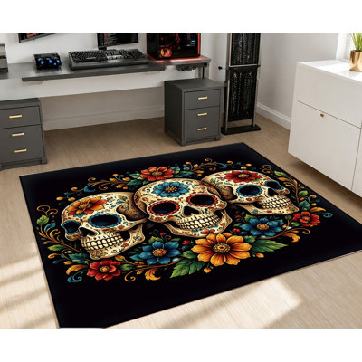 Tapis à motif floral Skull, motif festif coloré du Jour des Morts, doux artistique, lavable à la machine, envers antidérapant, tapis d'intérieur vibrant pour le salon, la chambre à coucher, l'entrée, la cuisine, l'appartement