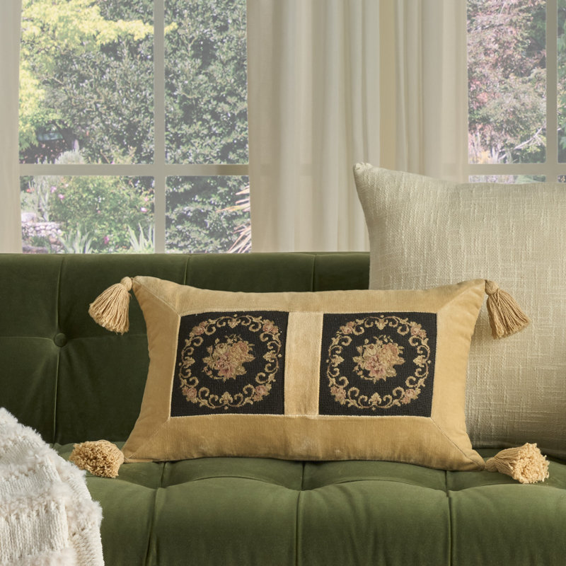 Mina Victory Vintage Pillow 2 Floral Panels Indoor Throw Pillow, Black, 13"H x 22"W
