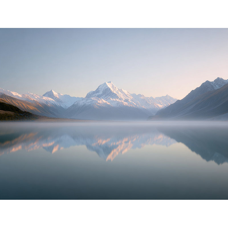 «Winter's Embrace: Snowy Peaks and Misty Lake», art mural sur toile, H 36 po x l 48 po
