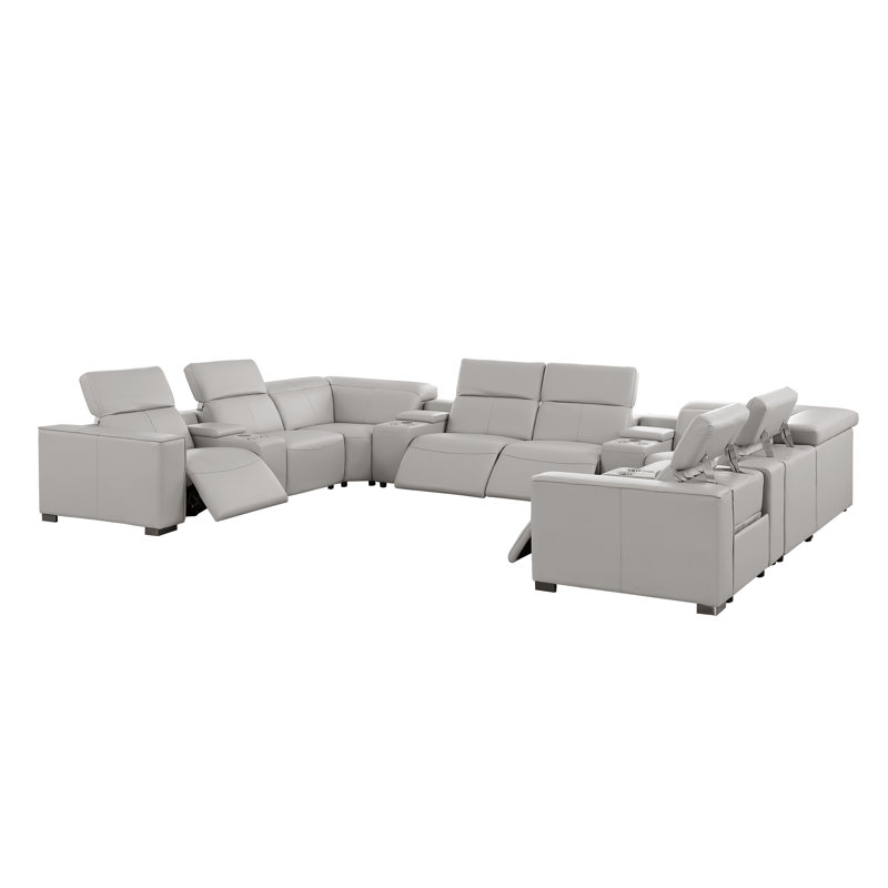 Luxurious 12-Piece U-Sectional In Genuine Leather With 4 Power Recliners And Power Headrests, Light Gray