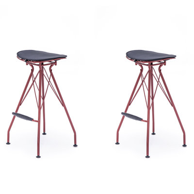 30" Counter Height Bar Stools Set of 2, Industrial Metal Bar Chairs with Faux Leather Seat & Wood Footrest, Farmhouse Kitchen Island Stools Grey+Red