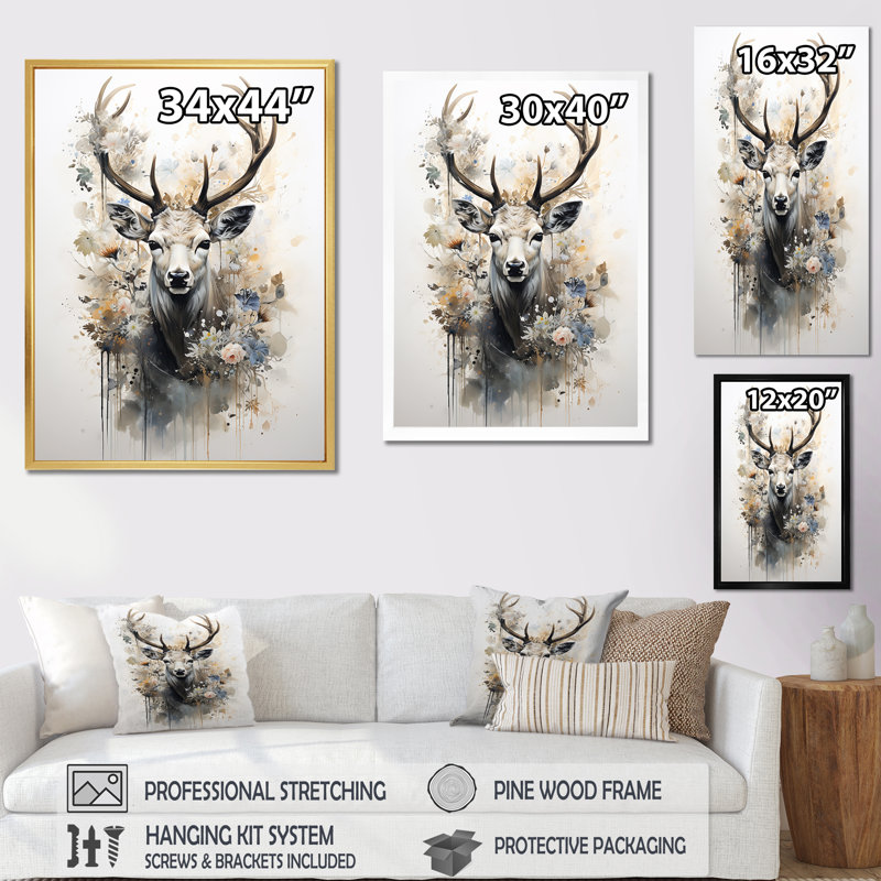 Portrait de cerf noir et blanc I sur toile, H 32 po x l 24 po x P 1 po, Cadre simple argenté
