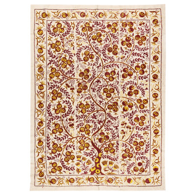 59x79 in Silk Pomegranate Tree Design Bed Cover. Embroidered Wall Hanging