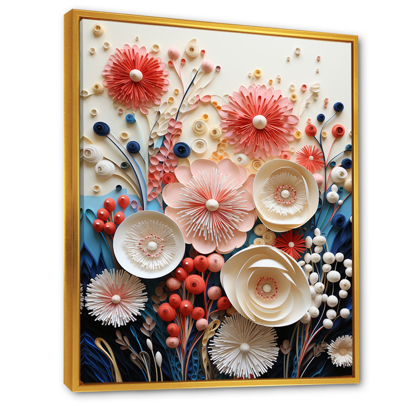 Fleurs de corail abstraites rouges et blanches - reproduction sur toile, Cadre flottant doré, H 40 po x l 30 po x P 1,5 po