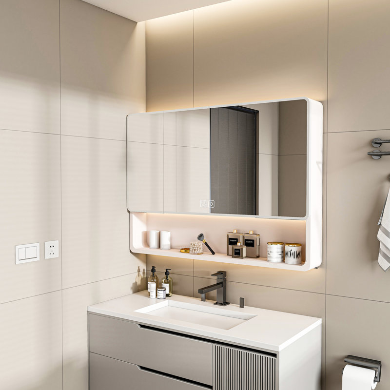 Armoire de salle de bain avec miroir 35 po x 28 po, aluminium, conduit et désembuage, étagère à cosmétiques, zone de sèche-cheveux, armoire à miroir kaki, 3 couleurs, fonction de désembuage, pochette, support