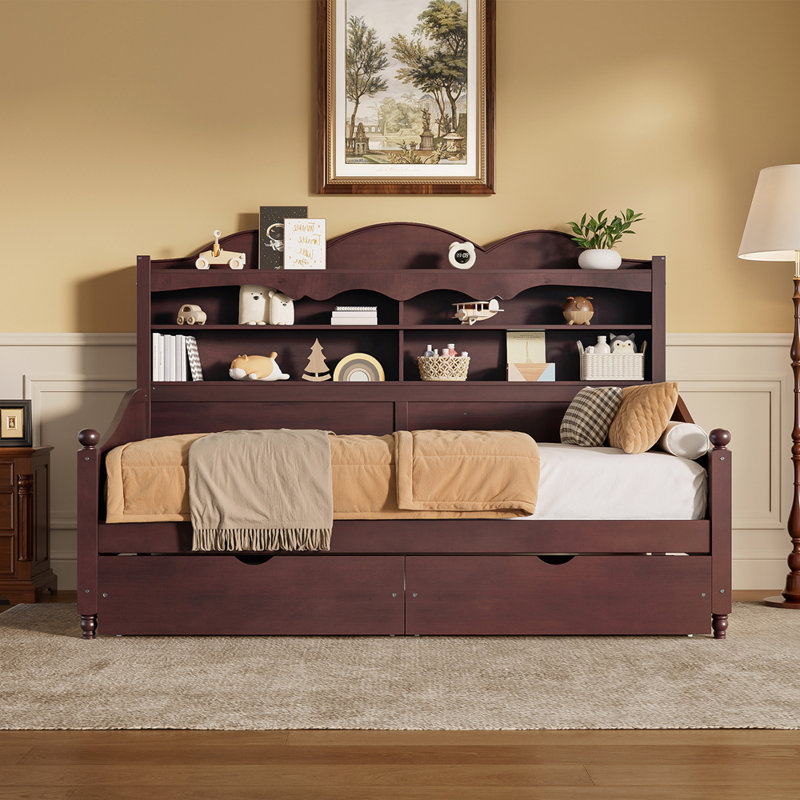 Retro Style Wooden Twin Daybed With Storage Drawers And Headboard Shelving, Perfect For Bedrooms, Living Rooms, And Guest Rooms, No Box Spring Required, Easy To Assemble.