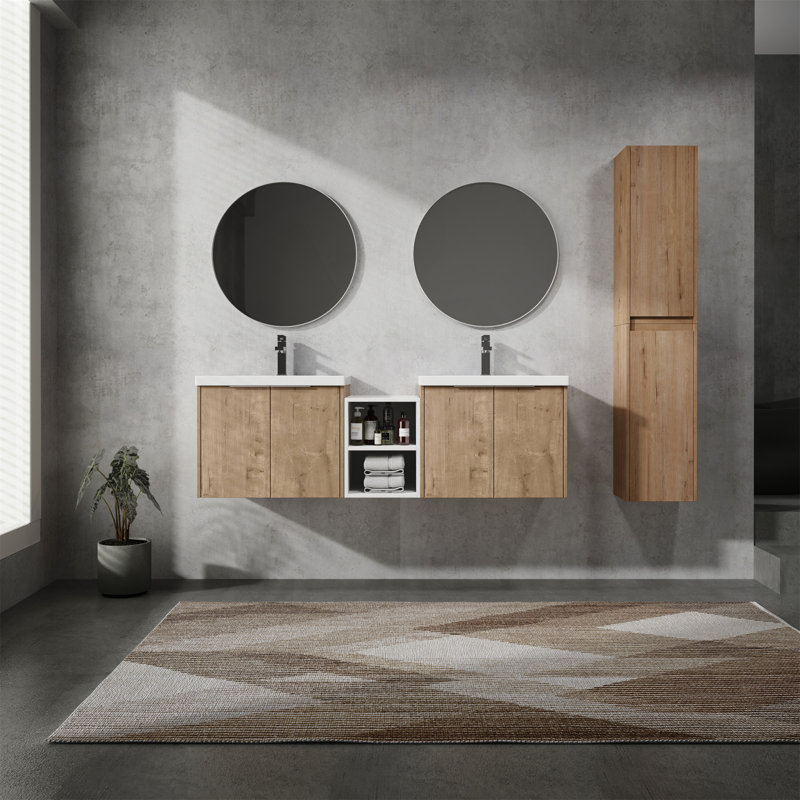 Meuble-lavabo mural moderne avec lavabo et armoire latérale, conception compacte pour des solutions de rangement élégantes