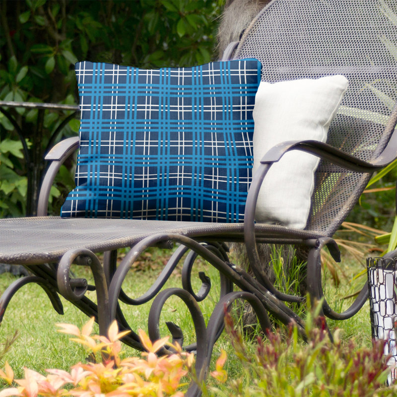 Plaid Outdoor Reversible Throw Pillow, 18" x 18", Navy Blue/White/Powder Blue, Polyester/Polyfill