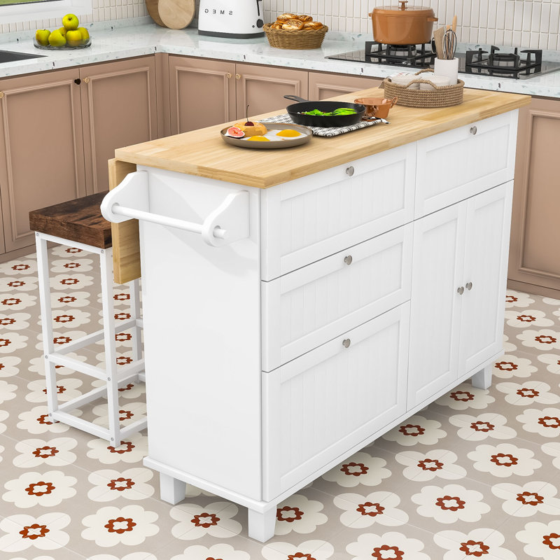 Adda Rustic Storage Kitchen Island Set with Expandable Drop-Leaf Tabletop and 2 Stools, White