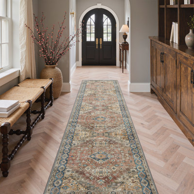 Tapis de couloir intérieur oriental rouge neutre / beige délavé à la machine Oriental Neutral