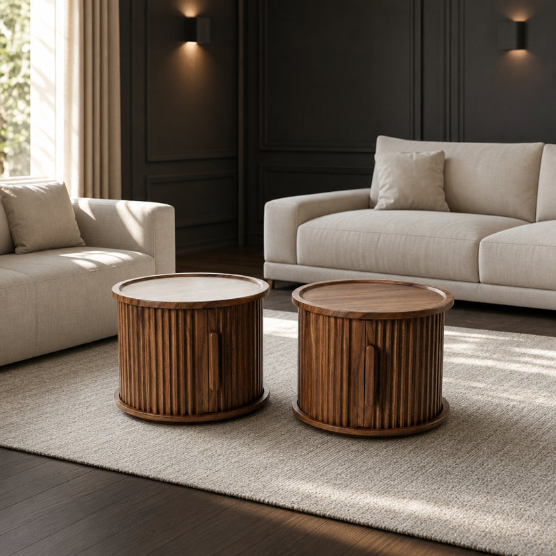 Ensemble de 2 tables gigognes rondes avec rangement caché, tables de bout latérales peu encombrantes pour le salon, la chambre à coucher, l'entrée, le bureau et les petits espaces
