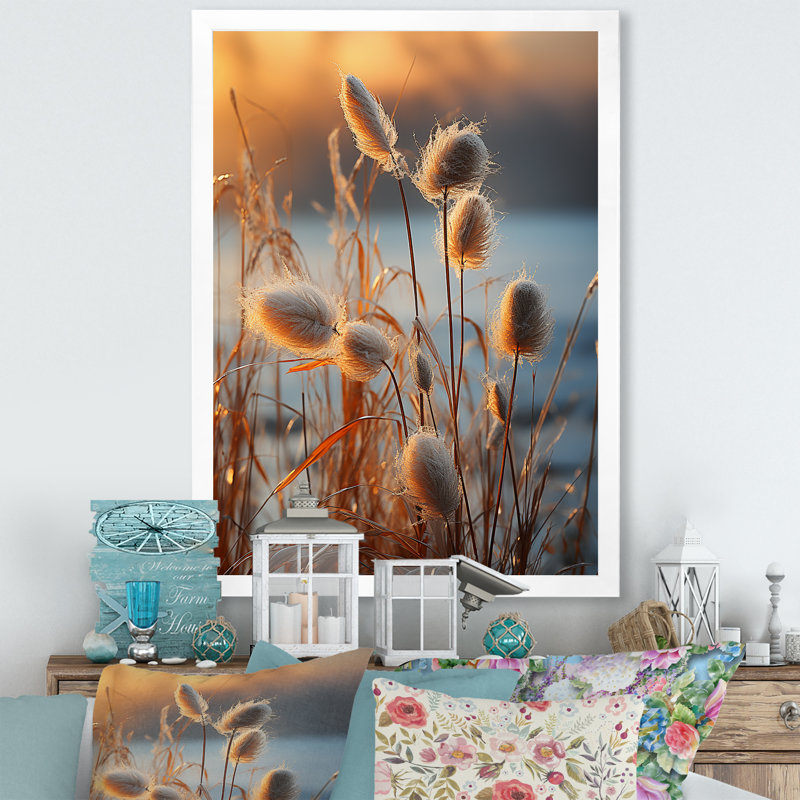 «Beachgrass Sunset Nature Herbs I», reproduction d'art sur toile, Cadre simple blanc, H 40 po x l 30 po x P 1,5 po