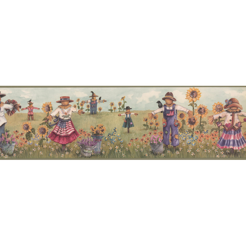 Bordure de papier peint abstrait Amold Scarecrows avec drapeaux américains sur le champ de tournesols L 15 pi x l 7,25 po