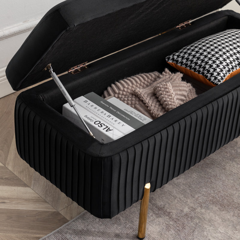 Banc de rangement rembourré en velours Miajah, Noir, noir, noir, noir