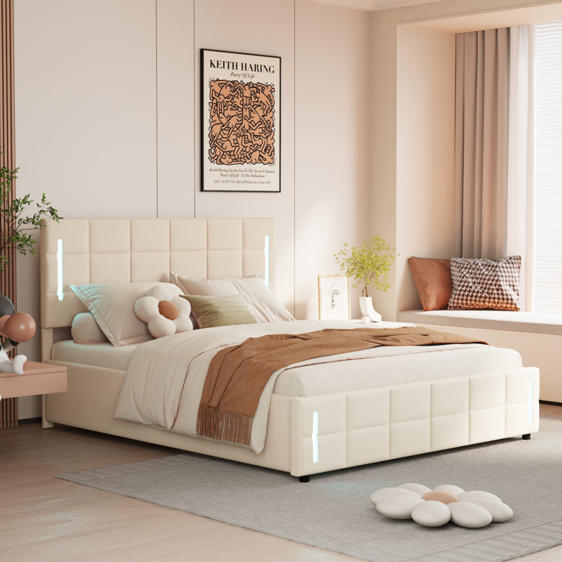Lit plateforme avec rangement Keyahna Linen, Beige, Grand