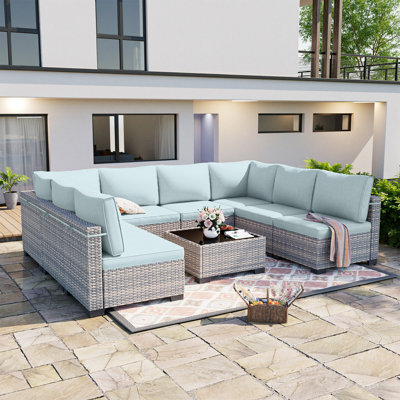 Ensemble de mobilier de patio 9 pièces, mobilier d'extérieur avec coussins épais, canapé modulaire, rotin en osier double brin, structure résistante à la rouille, mobilier de jardin pour la terrasse, terrasse, ivoire