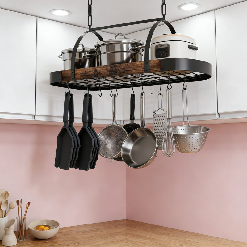 Support à casseroles industriel avec tablette en bois, rangement suspendu robuste pour casseroles, poêles et ustensiles, organisateur de cuisine compact avec 16 crochets