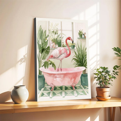 Flamant rose aquarelle dans une baignoire rose avec plantes d'intérieur, grande toile tendue sur châssis, idéale pour le salon ou la chambre.