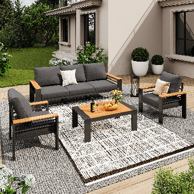 Outdoor Couch Aluminum Patio Furniture Sofa, 5 - Person Seating Group With Cushions, 4 Piece Conversation Sets With Removable Cushion