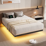 Floating Bed Frame with LED Lights Metal Slats Underbed Storage Space No Box Spring