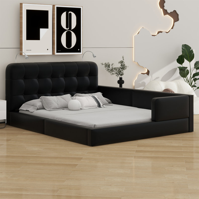 Upholstered Platform Bed With Reading Lights, Black