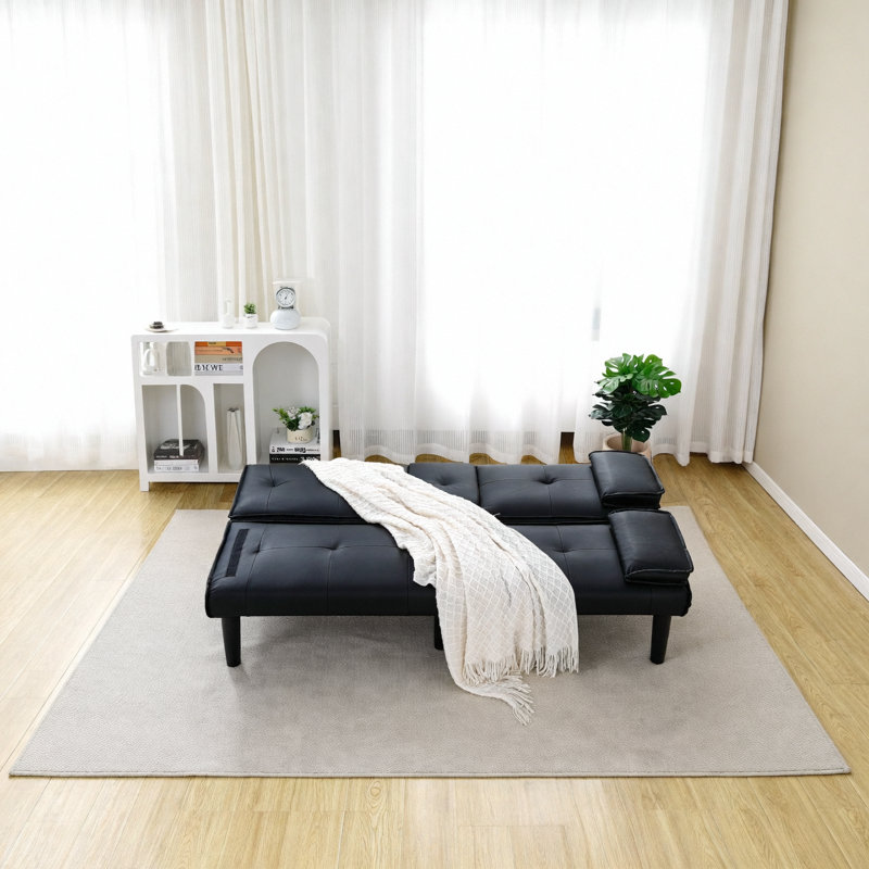 The 67-Inch Black PVC Multi-Functional Sofa Bed With A Foldable And Cup Holder Design Makes It Extremely Convenient To Turn The Living Room Into A Guest Room