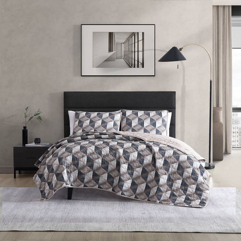 Ensemble de courtepointe réversible brun Kenneth Cole Gridwork, Courtepointe grand + 2 couvre-oreillers standard