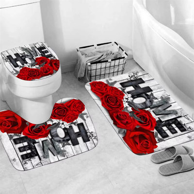Red Rose Valentines 4 Pcs Shower Curtain Sets Non-Slip Rugs Bath Mat Toilet Cover U Shaped Mat Romantic Red Bathroom Decor With 12 Hooks Valentines Day Bathroom Set