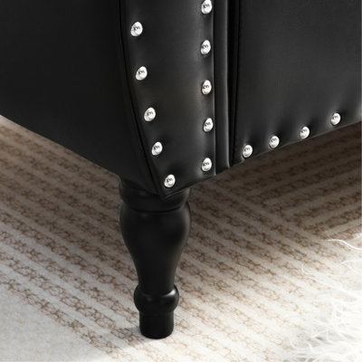 Toile de 63 po rembourrée avec rangement, dessus rabattable, boutons, garniture cloutée, pieds en bois massif, noir pour une idée de décoration idéale