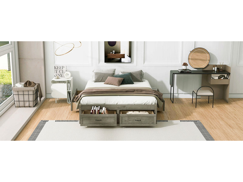 Lit plateforme avec 6 tiroirs de rangement, Gris antique, Grand lit