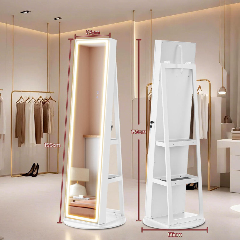 LED Mirror Jewelry Cabinet Standing, Lockable Jewelry Armoire with Full-Length Mirror and Adjustable LED Lights, White