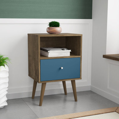 Liberty 18" W Mid-Century Modern 1-Drawer Nightstand in Rustic Brown and Blue Slate