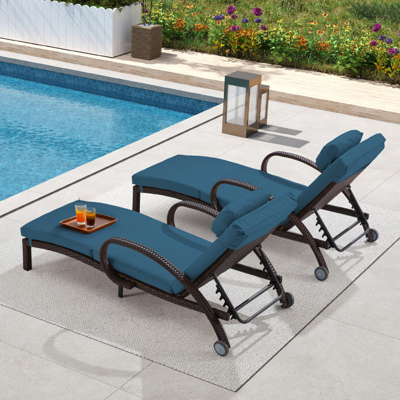 Patio Outdoor Lounge Chairs Set Of 2,Adjustable 5-Position Outdoor Chaise Lounge With Armrests & Wheels For Poolside, Backyard, Deck