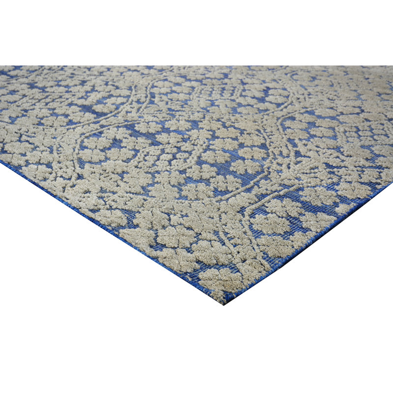 Wool Damask Area Rug in Blue, Rectangle 8' x 10'