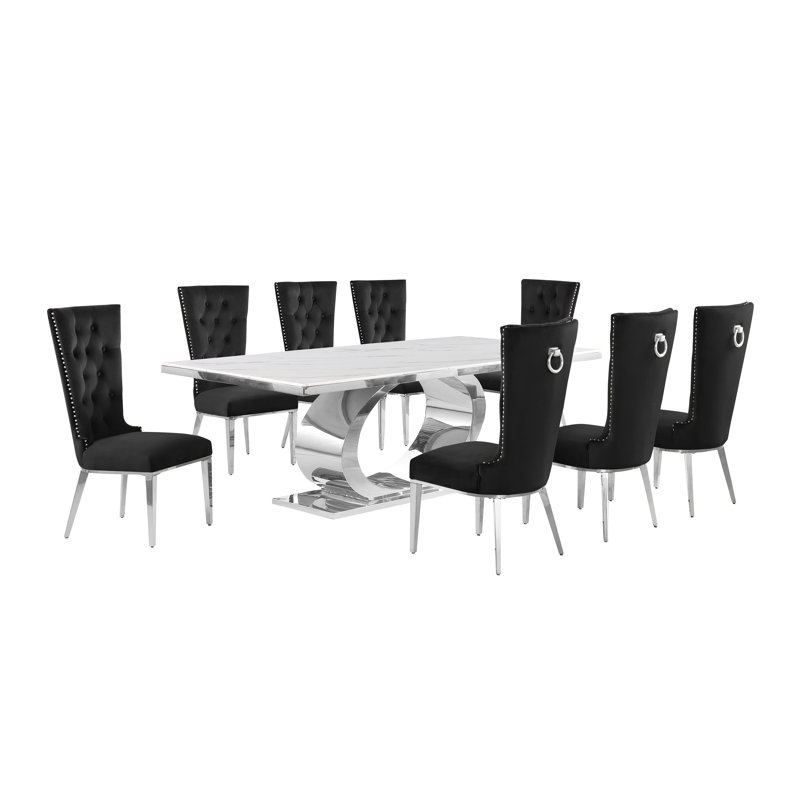 Ballance Marble Top Pedestal Dining Set, Black/Silver, 9, Silver
