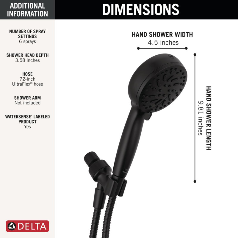 Delta ProClean Handheld Shower, High Pressure Spray Handheld Shower Head, Hand Shower with Hose, Matte Black