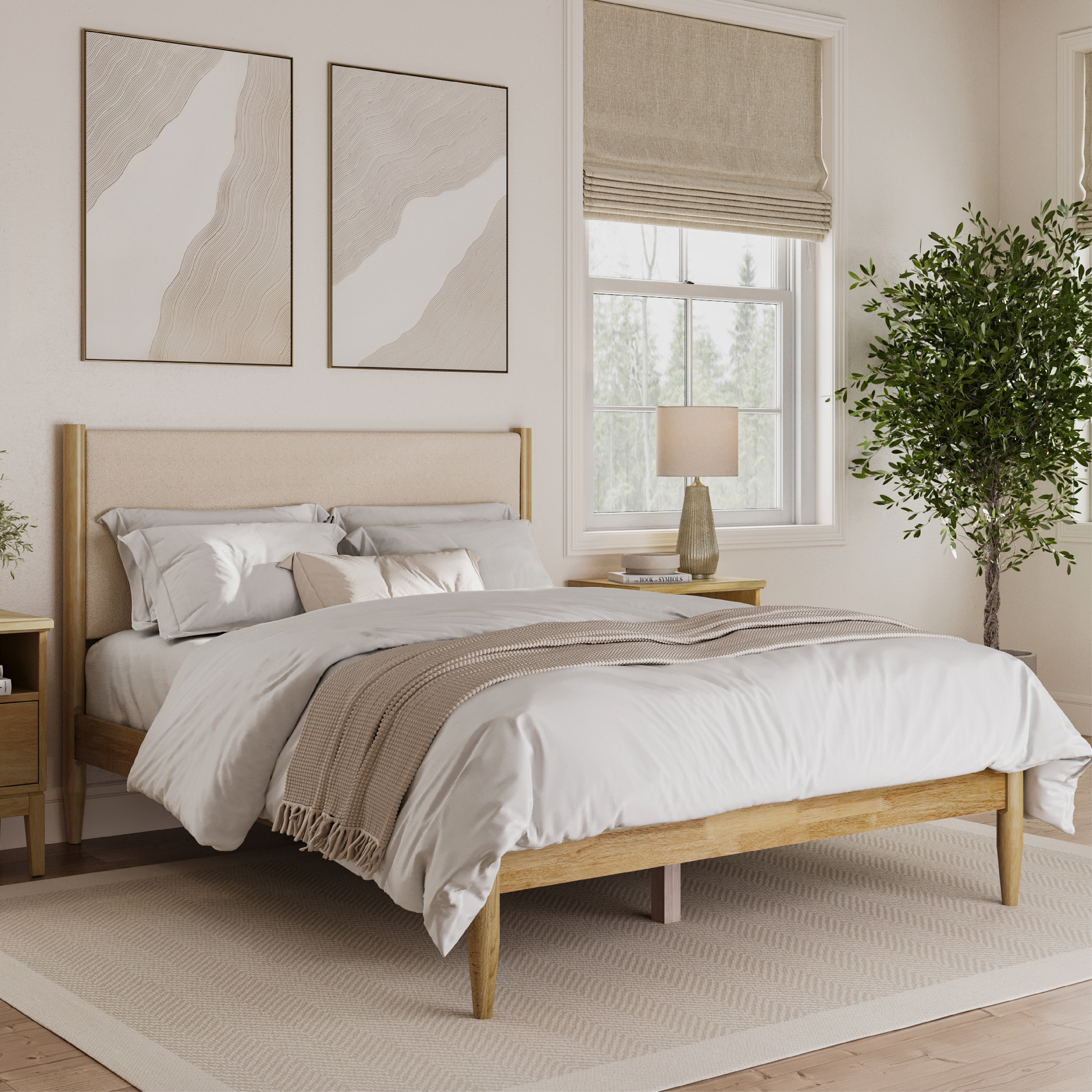 Beiler Solid Wood Boucle Upholstered Headboard Bed Frame