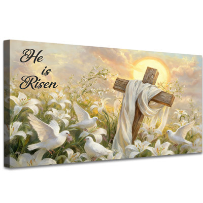 Art mural sur toile de Pâques, reproduction d'art He He Risen, croix avec lys et colombes, affiche murale Christian