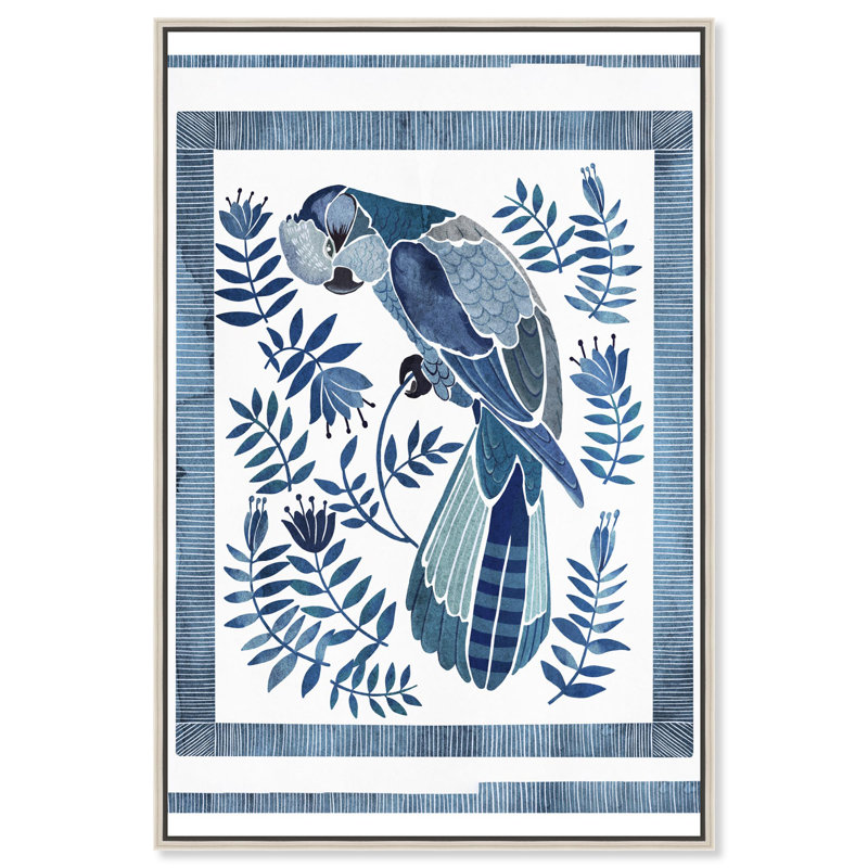 «Cockatoo Chinoiserie Blue Decor» par Art Remedy, H 30 po x l 36 po, Cadre argenté
