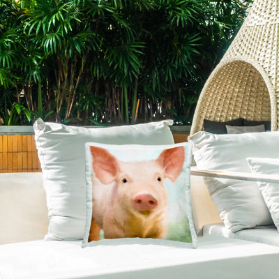 Coussin d'extérieur imprimé "Pink Farm Pig Animal Portrait" par Kim Allen