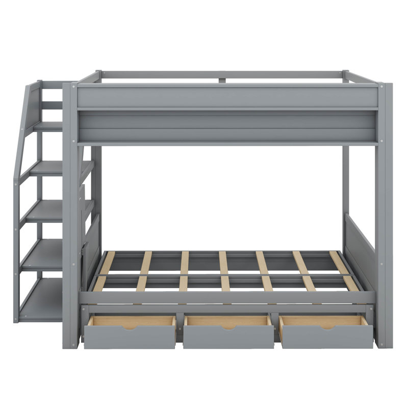 Lit superposé convertible double en bois avec escalier de rangement, table d'appoint et 3 tiroirs, Gris