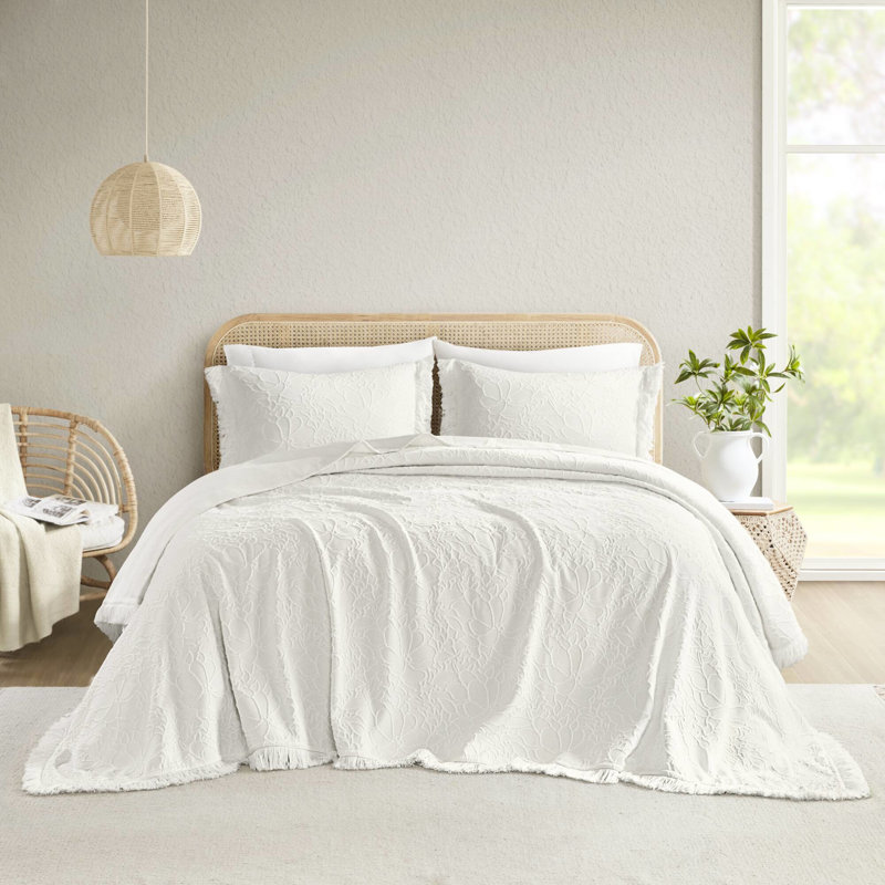 Grand couvre-lit de 3 pièces avec élégance florale, chenille avec bordure frangée, combinaison de coton doux et aéré, surdimensionné pour un sommeil confortable, peluche standard, lit facile à nettoyer à la machine, conception,
