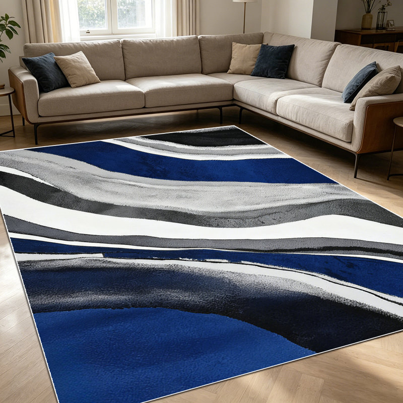 1PC Abstract Wavy Watercolor Striped Navy Blue Grey Black White area rugs for Living Room, Soft and Comfortable, Suitable for all seasons, easy-to-maintain, machine washable Indoor floor mat, Under Table Farmhouse suitable for under dining table,