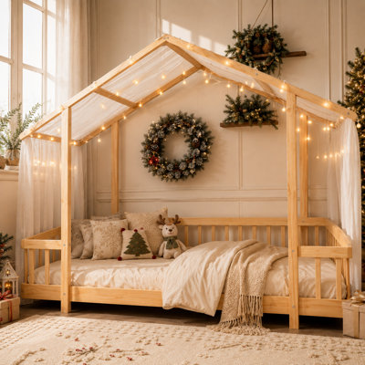 Lit simple avec baldaquin, guirlande lumineuse et barrières de sécurité, lit plateforme en bois pour enfants avec sommier à lattes, sans sommier tapissier nécessaire