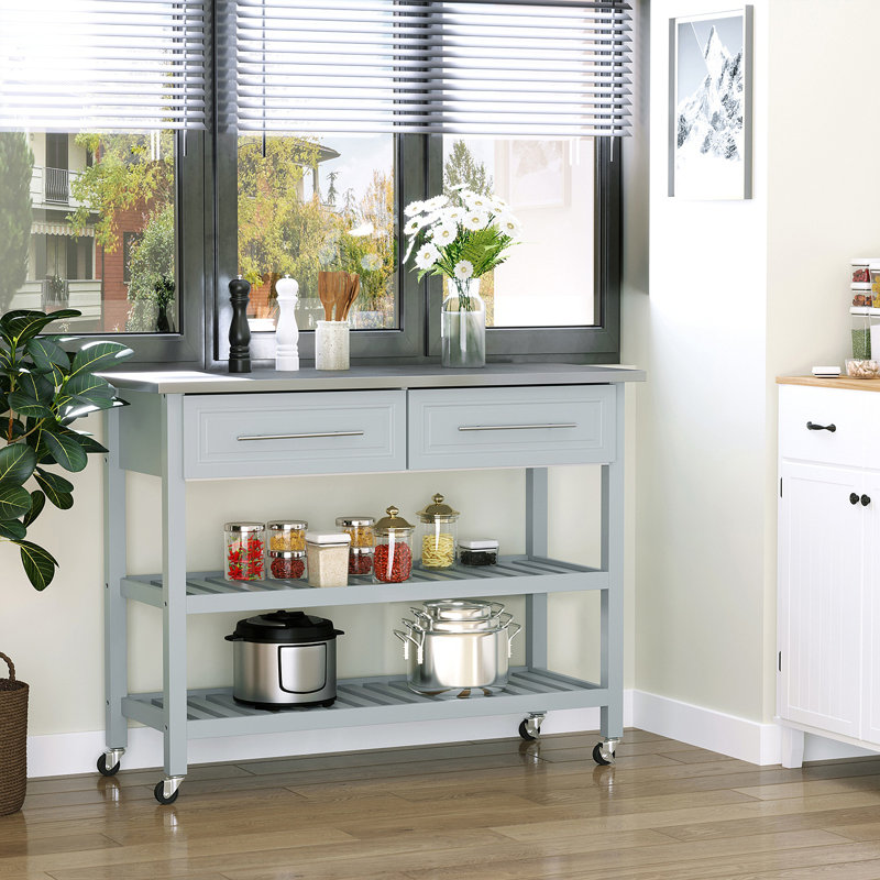 Îlot de cuisine avec plateau en acier inoxydable, îlot de cuisine traditionnel avec rangement, 2 tablettes ouvertes à niveaux, gris clair HOMcom