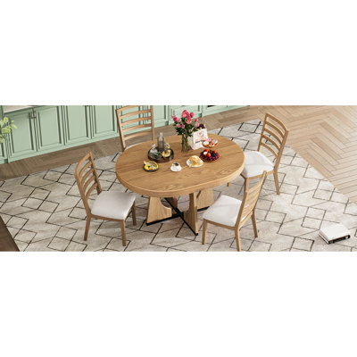 Extendable Round Dining For 4, 5 Piece Retro Style With Geometric Base And Natural Finish Look 4 - Person , Table Top Four Upholstered Chairs