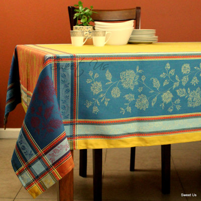 Wipeable Stain Resistant Polytetrafluoroethylene Coated French Provencal Jacquard Cotton Floral Tablecloth