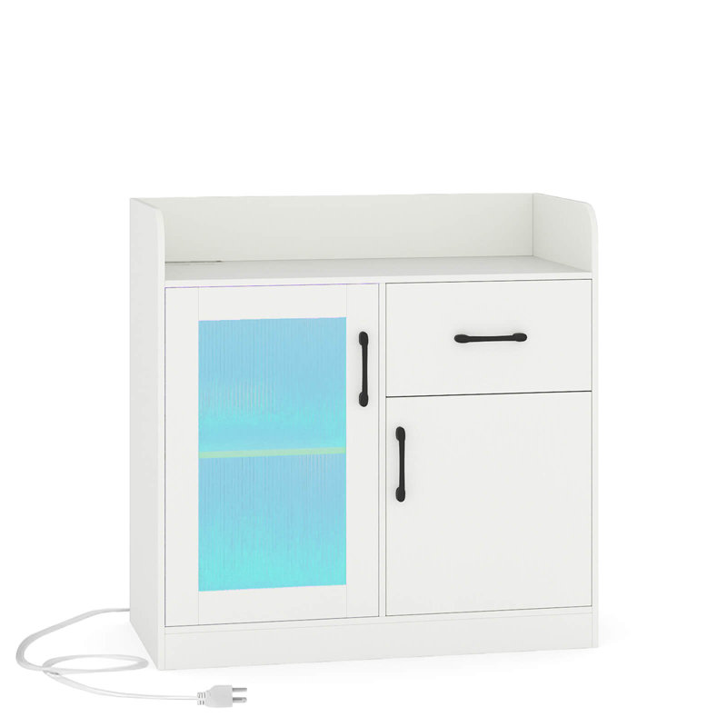 LED Buffet Sideboard with Charging Station Drawer Translucent Fluted Door, White White